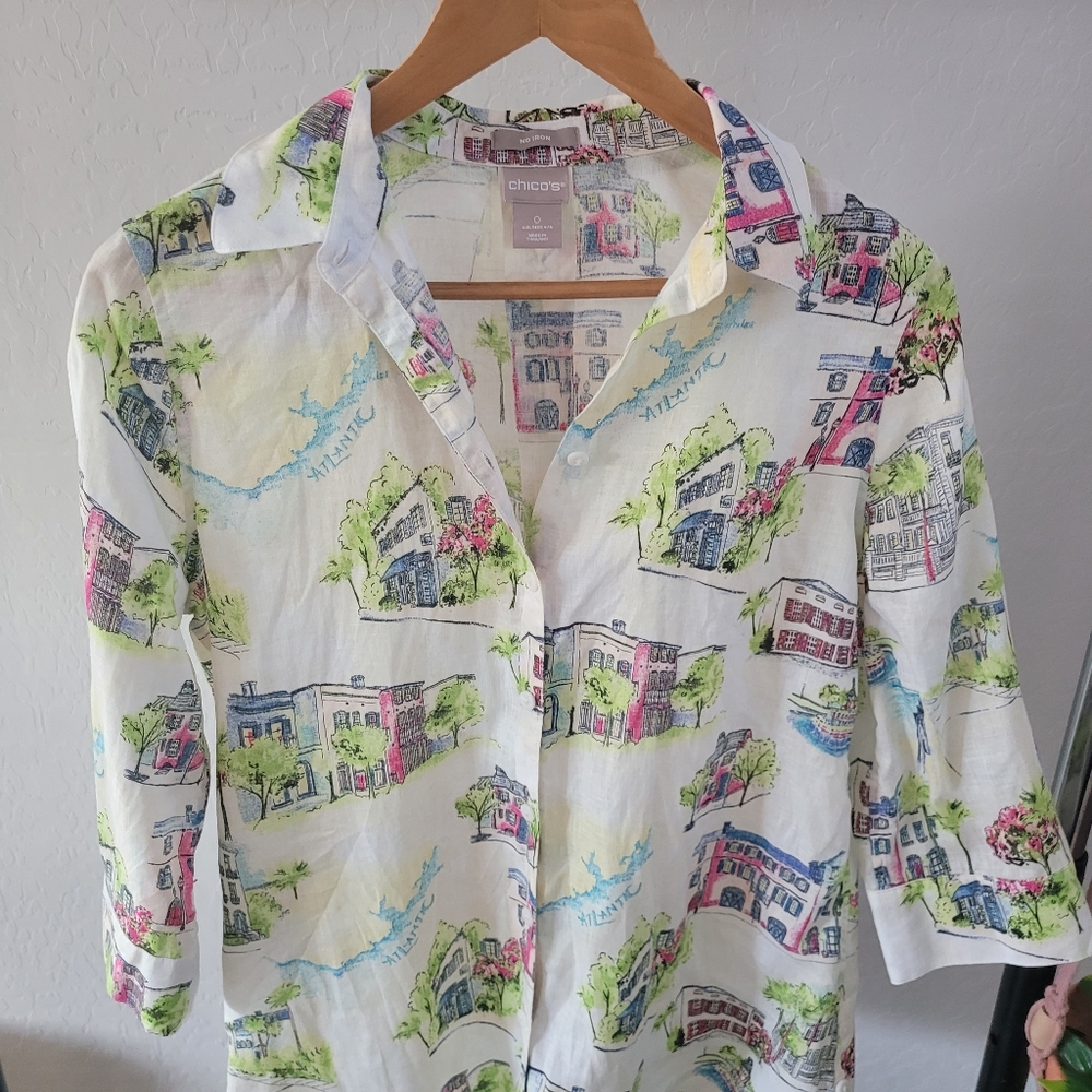 Chicos No-Iron 100% Linen Southern Charm-Print Tunic. Size 4/6.